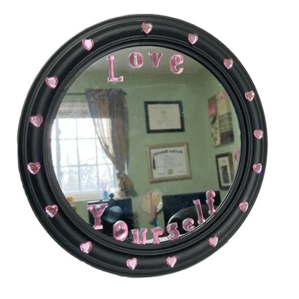 Inspirational LOVE YOURSELF Black Round Mirror Pink  with Small HEARTS 9.5 inch